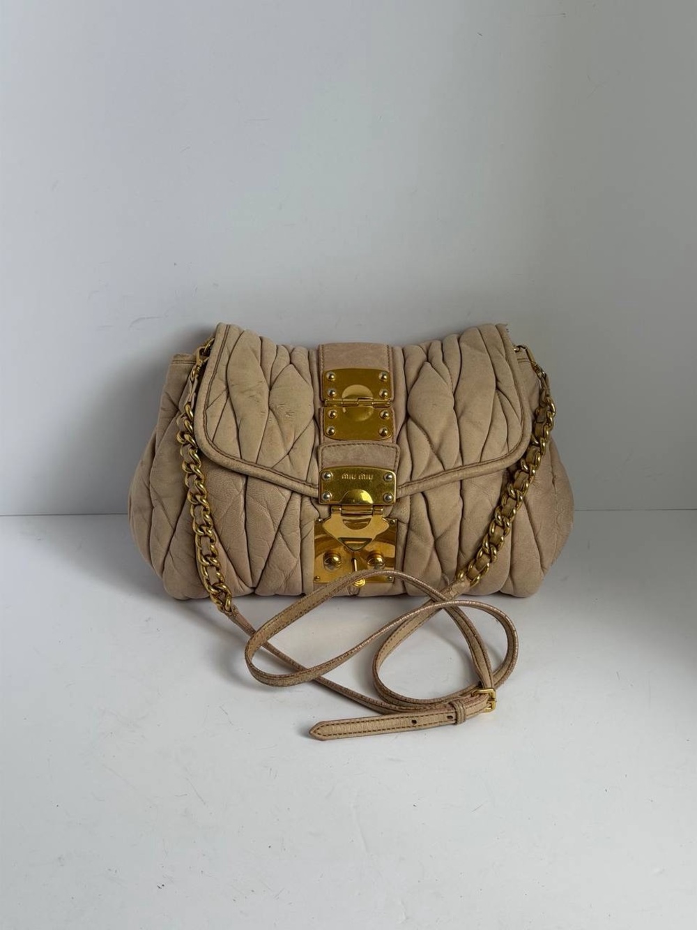 Miu Miu Matelassé Push-Lock Blush Beige Leather Gold Hardware Crossbody Bag